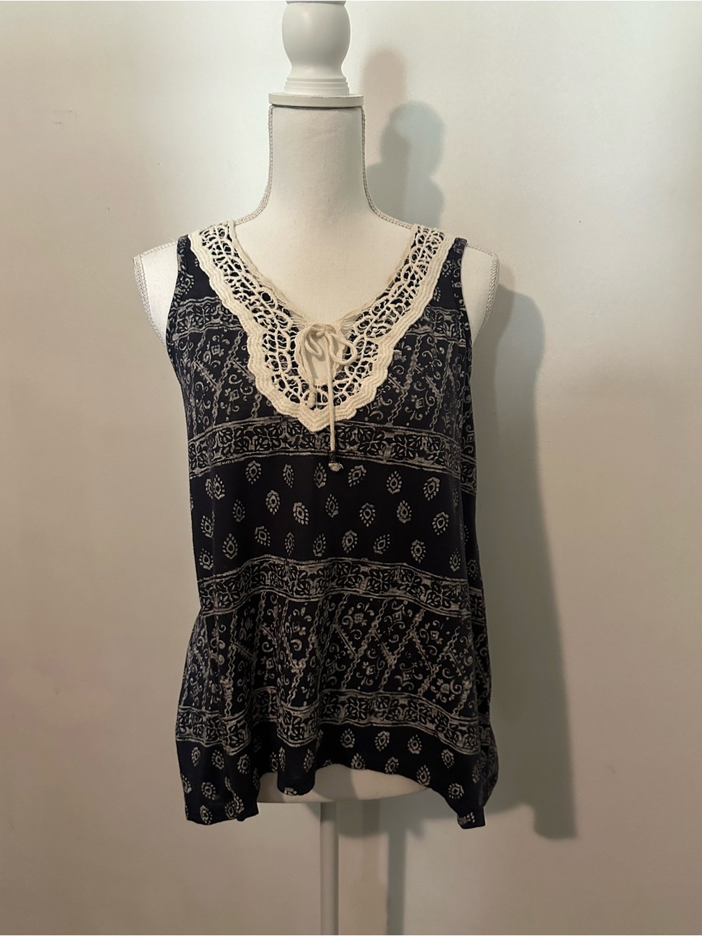 Cato Navy Tank Top with Cream Crochet V-Neck